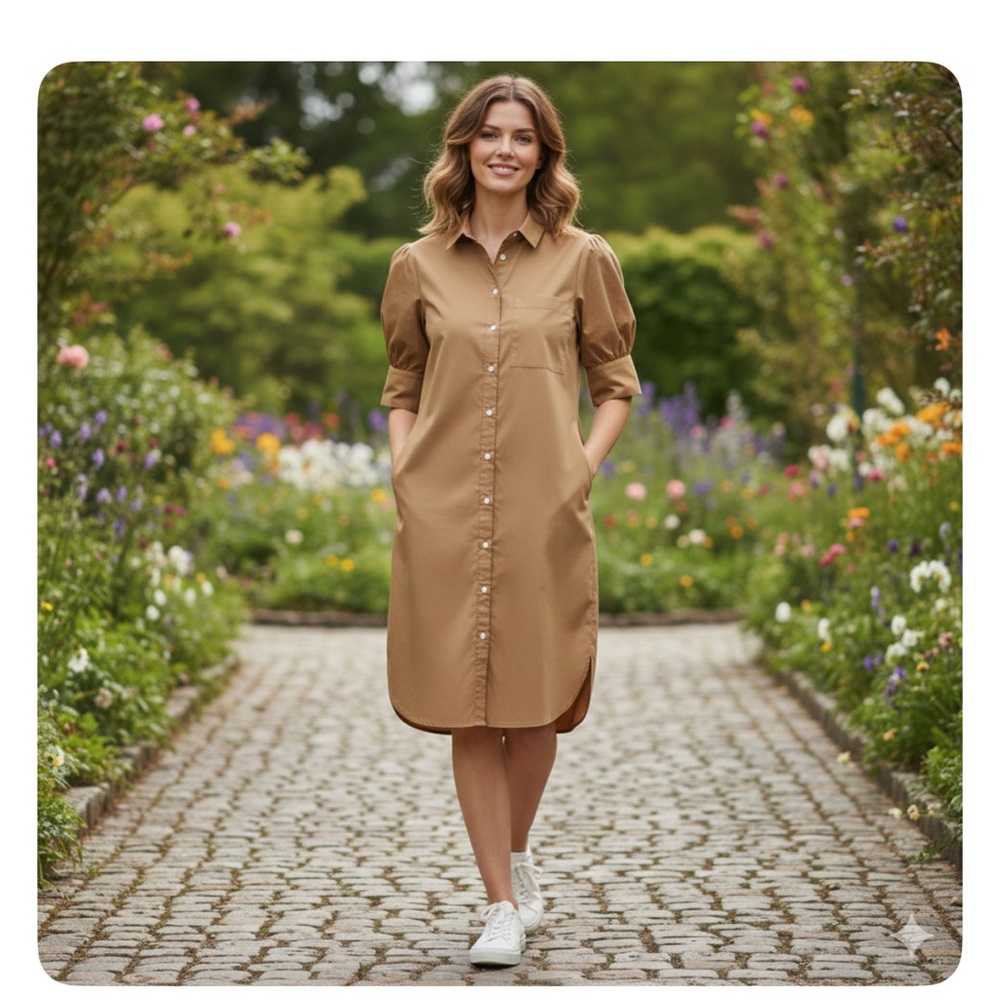Old Navy Puff-Sleeve Cotton-Poplin Shirt Dress Tan Size Medium NWT